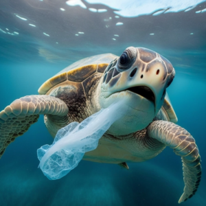 tortuga marina con plastico
